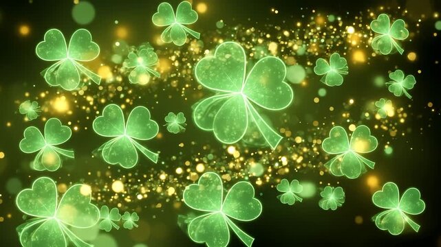 Patrick's Day Glowing Green Shamrock Clovers Sparkling Background Abstract Digital Animation