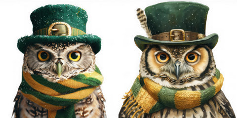Two adorable owls wearing green st patrick s day hats and scarves digitally painted on transparent background