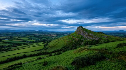 holiday celebration landscapes, a grand irish landmark like the rock of cashel is captured in green twilight, with vibrant hills and a cinematic sky