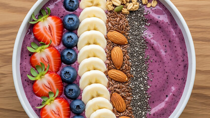 Colorful Breakfast Bowl: A vibrant smoothie bowl adorned with fresh strawberries, blueberries, banana slices, almonds, chia seeds, and granola, a feast for both the eyes and the palate. 