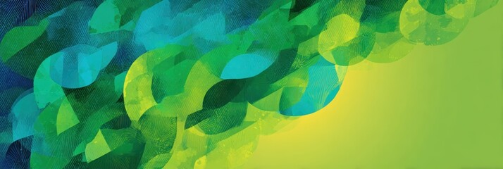 geometric abstract art, contemporary abstract pattern with overlapping transparent green, teal, and lime geometric shapes on the left, fading into a light green field on the right no text