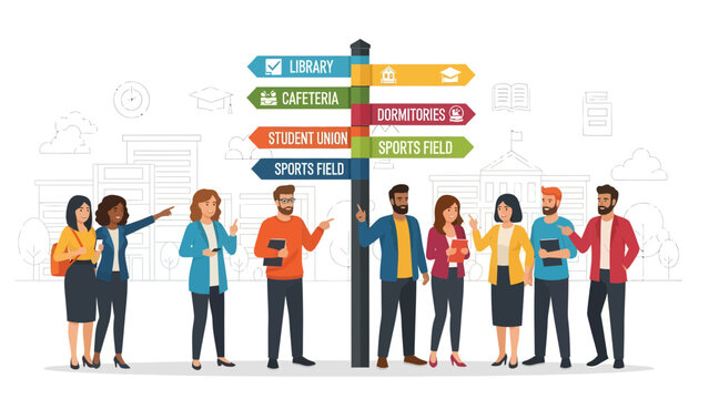 Diverse Students Navigating Campus with Directional Signpost for Modern Higher Education