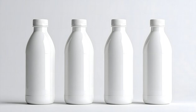 Botellas blancas de pl&aacute;stico alineadas sin etiqueta sobre fondo claro minimalista