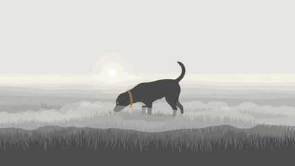 Dog's Journey An Animated Illustration Capturing The Serenity Of A Misty Field At Sunrise