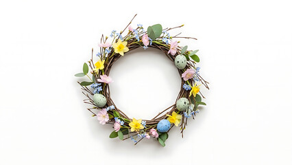 Easter Wreath: A vibrant wreath decorated with delicate spring flowers and charming pastel eggs, heralding the arrival of Easter.