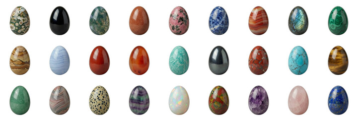 Decorative eggs imade of natural stones n various colors and patterns representing Easter, isolated photorealistic images on a transparent background, collection, set, seamless pattern  