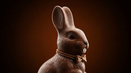 Chocolate bunny portrait: A delightful and delectable chocolate bunny, perfect for Easter celebrations, stands against a rich brown backdrop, exuding charm and festive cheer.