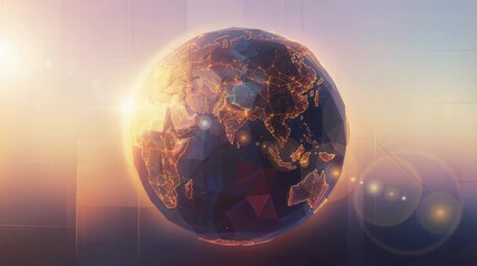 Cinematic rotating digital globe glowing with network connections and radiant sunlight, symbolizing global communication, unity, technology, and interconnected world with warm golden light - Powered by Adobe