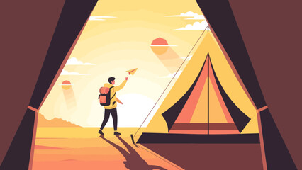 Dreamy Vacation Concept With Happy Man Launching Paper Airplane Near Camp