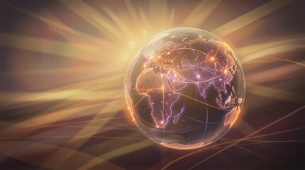 Cinematic rotating digital globe glowing with network connections and radiant sunlight, symbolizing global communication, unity, technology, and interconnected world with warm golden light - Powered by Adobe