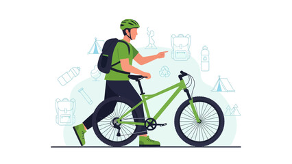 Eco Friendly Adventurer Walking With His Mountain Bike In Nature Scene