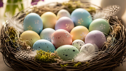 Easter Egg Nest: A close-up view of a charming nest brimming with a colorful collection of pastel-painted Easter eggs, nestled amongst soft feathers and delicate moss.