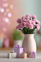 Mothers Day, Valentines Day, love holiday theme. A still life of a vase filled with vibrant pink carnations, accompanied by several wrapped presents on a table. The background is slightly blurred.