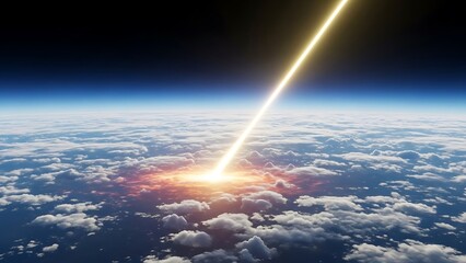 Bright white light beam piercing through a layer of clouds in a blue sky sunbeam