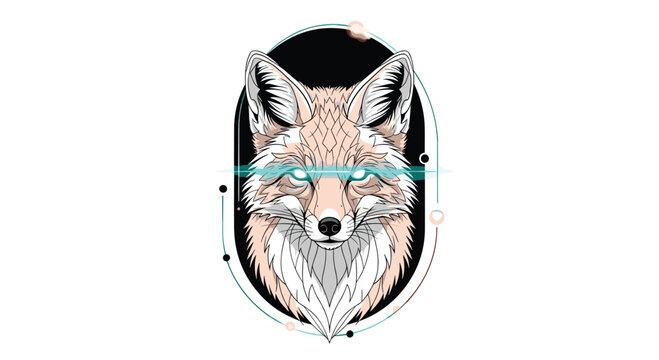 Artistic illustration of a fox head within a dark frame, featuring intricate patterns and bright glowing cyan eyes.