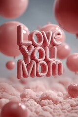 Mothers Day, Valentines Day, love holiday theme. A vibrant pink background with the words Love You Mom prominently displayed, surrounded by numerous pink balloons.