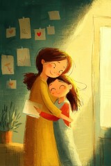 Mothers Day, Valentines Day, love holiday theme. Two women embracing in a warm, intimate moment. The woman on the left wears a yellow dress and holds a book in her hand, while the other woman.