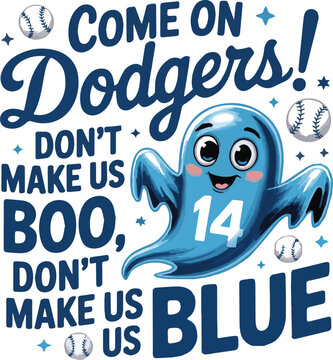 Blue cartoon character with number 14 cheering Dodgers baseball team des