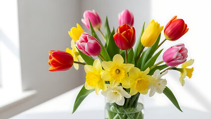 Vibrant Floral Display: A charming floral arrangement, showcasing a delightful assortment of fresh tulips and daffodils in full bloom, offering a vibrant splash of colors and natural beauty.