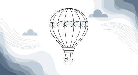 Obraz premium Hot air balloon floating above abstract blue waves and clouds in a minimalist line art illustration with a serene atmosphere.