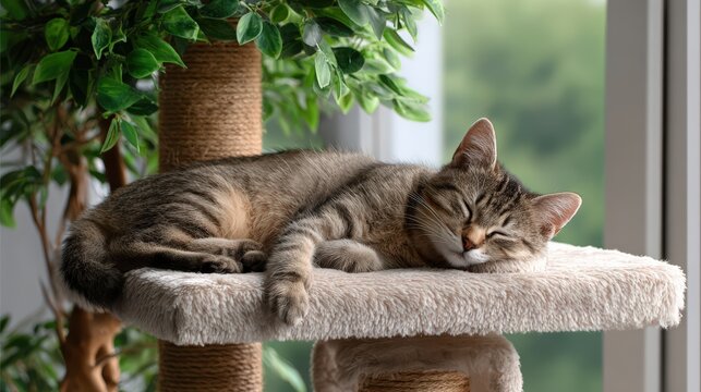 Domestic cat sleeping peacefully on a cozy cat tree near window - Powered by Adobe