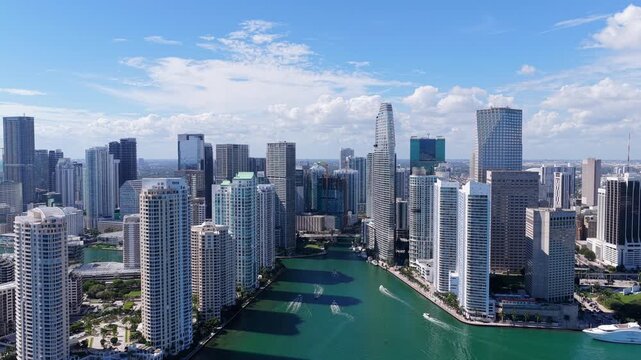 Aerial view. Aerial view of Miami cityscape skyscraper. City skyline aerial cityscape. Brickell Key downtown. Cityscape Miami downtown. Florida modern skyscraper in downtown Miami. Travel destination