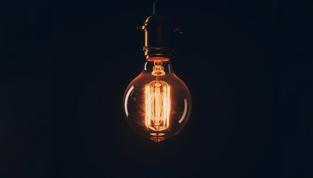 Bombilla incandescente encendida aislada sobre fondo oscuro con luz c&aacute;lida minimalista