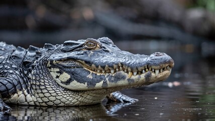 Fototapeta premium Close-Up Portrait of an Alligator at the Water's Edge with Detailed Scales and Sharp Teeth in its Natural Wetland Habitat for Wildlife Education