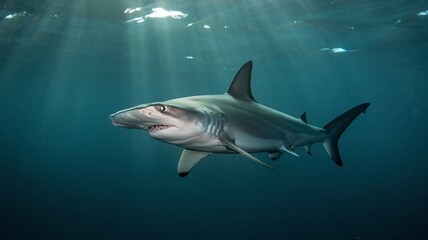 Fototapeta premium Hammerhead Shark Swimming Through Deep Blue Ocean Waters with Ethereal Sunlight Rays for Marine Biology and Conservation