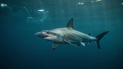 Naklejka premium Hammerhead Shark Swimming Through Deep Blue Ocean Waters with Ethereal Sunlight Rays for Marine Biology and Conservation