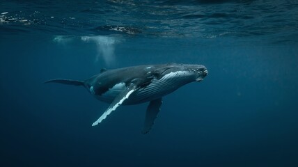 Fototapeta premium Majestic Humpback Whale Swimming in Deep Blue Ocean Water with Beautiful Sunlight Rays Filtering Through the Surface for Marine Life Background