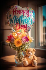 Mothers Day, Valentines Day, love holiday theme. A teddy bear sitting beside a vase filled with vibrant flowers, accompanied by a heartshaped balloon with the words Happy Mothers Day printed on it.