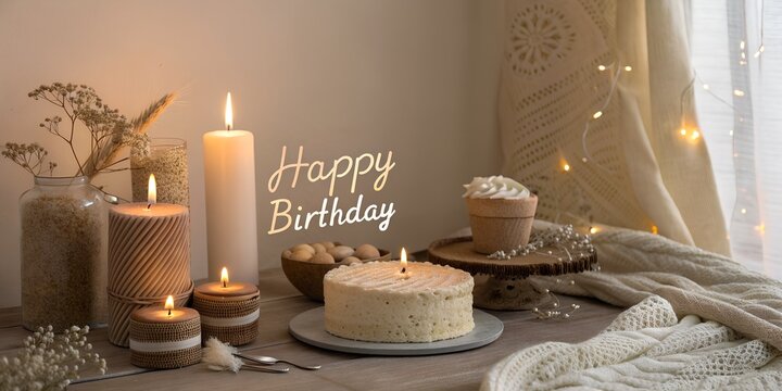 Warm birthday setup, neutral tones, soft candles glow, textured cake, &ldquo;HAPPY BIRTHDAY&rdquo; written in thin handwritten font, cozy sophisticated mood