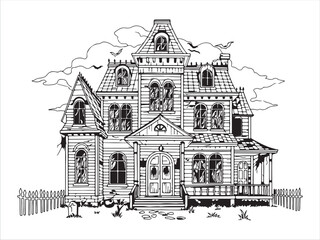 Fototapeta premium Haunted Mansion Line Art Illustration for Halloween