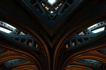 Obraz premium Symmetrical architectural interior with arches and vaulted ceiling in dark tones with warm lighting