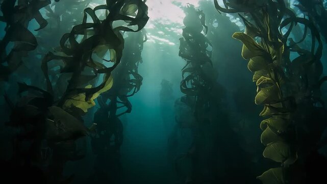 Sunlight rising, giant kelp stipes and fronds parting at subtidal, showing water column and shafts