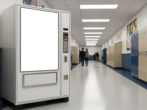 Blank vending machine with a white display in a school hallway