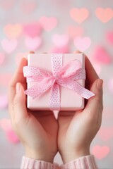 Mothers Day, Valentines Day, love holiday theme. A person wearing a pink sweater holding a pink gift box adorned with a pink ribbon against a backdrop of heartshaped lights.