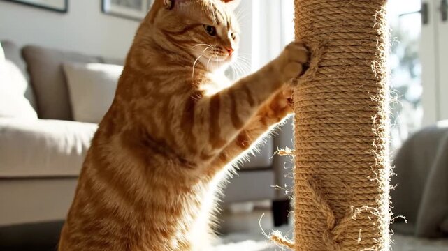 Ginger Cat Scratching Sisal Post in Sunny Living Room