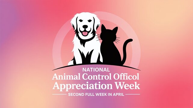 National Animal Control Officer Appreciation Week Banner with Dog and Cat Icons on Pink Gradient for April Public Safety Community Recognition