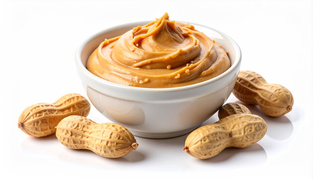 A bowl of smooth peanut butter surrounded by whole peanuts in their shells on a white background, ready to eat.