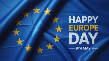 Happy Europe Day May 9th Banner with Waving European Union EU Flag on Dark Blue Background for International Unity and Political Celebration