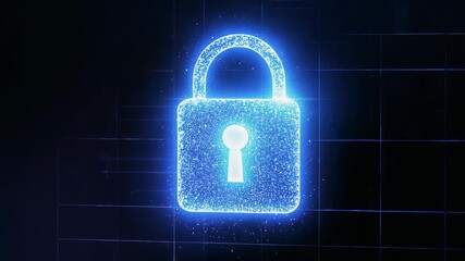 Particle outline starting padlock forming on dark 3D grid revealing keyhole, neon rim for security