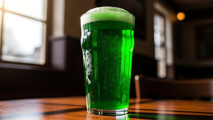 Green Beer Pint: A refreshing pint glass is filled to the brim with vibrant, emerald green beer, perfect for festive celebrations and gatherings.