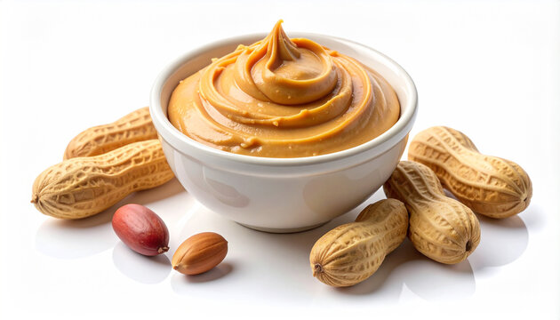 A white bowl brimming with smooth, creamy peanut butter, surrounded by whole peanuts in their shells and a few shelled peanuts on a clean white background.