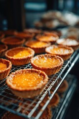Portuguese custard tarts (past&eacute;is de nata) cooling on a bakery rack. Concept Past&eacute;is de nata, Portuguese custard tarts, Cooling on bakery rack, Flaky pastry, Creamy custard