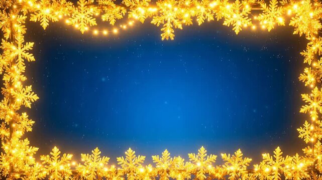 Golden snowflake lights on blue background