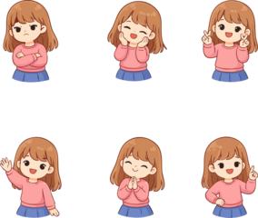 A set of cute cartoon girl illustrations showing different emotions and hand gestures, arranged separately on a in a soft kawaii style.
