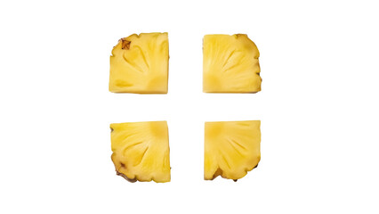 Four pineapple chunks PNG isolated on transparent background, tropical fruit pieces for healthy eating and summer designs