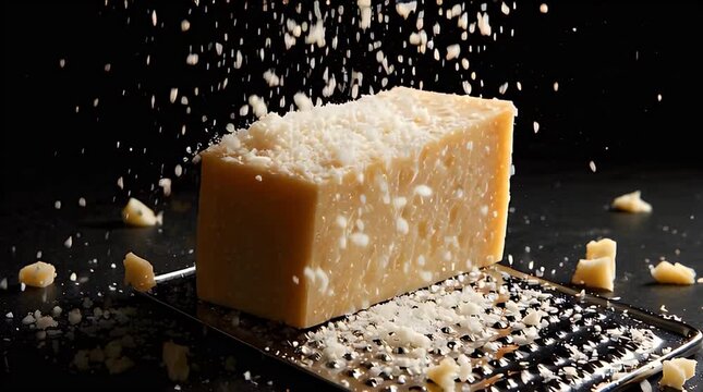 Grating Parmesan Cheese Block Falling Flakes Video.